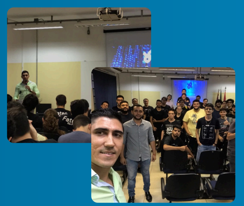 David Teixeira palestrando sobre blockchain na FATEC